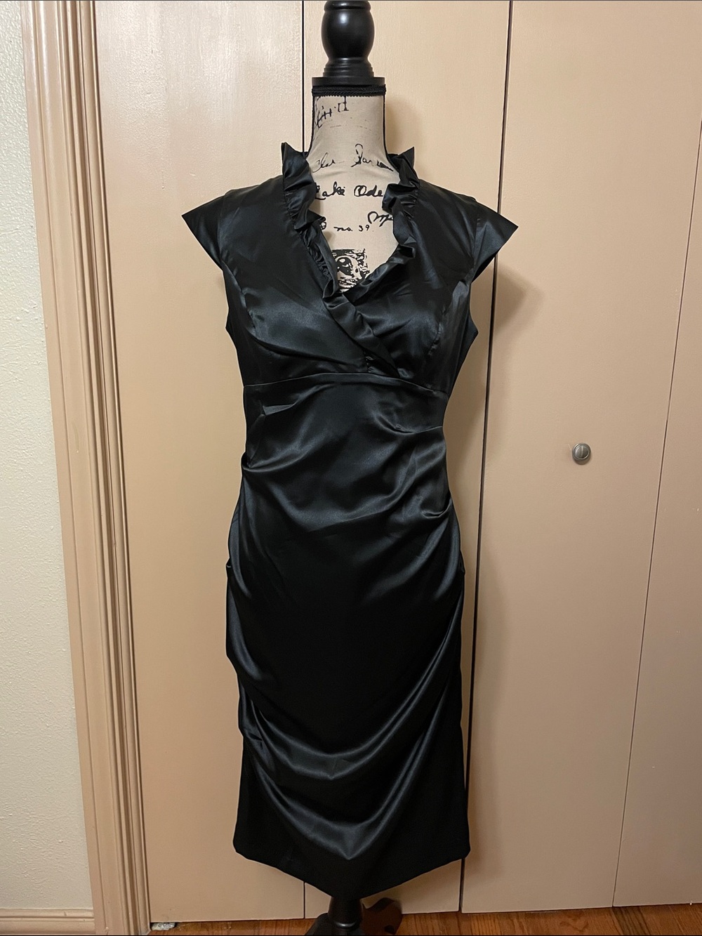 Black Satin Ruffle V-Neck Sheath Dress